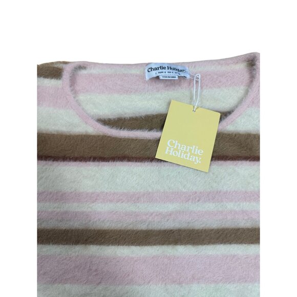 NWT Charlie Holiday Fuzzy Striped Knit Crop Top Long Sleeve Soft Size Small - Picture 4 of 5